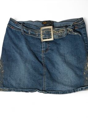 Vintage Y2K Route 66 Embroidered Belted Denim Mini Skirt